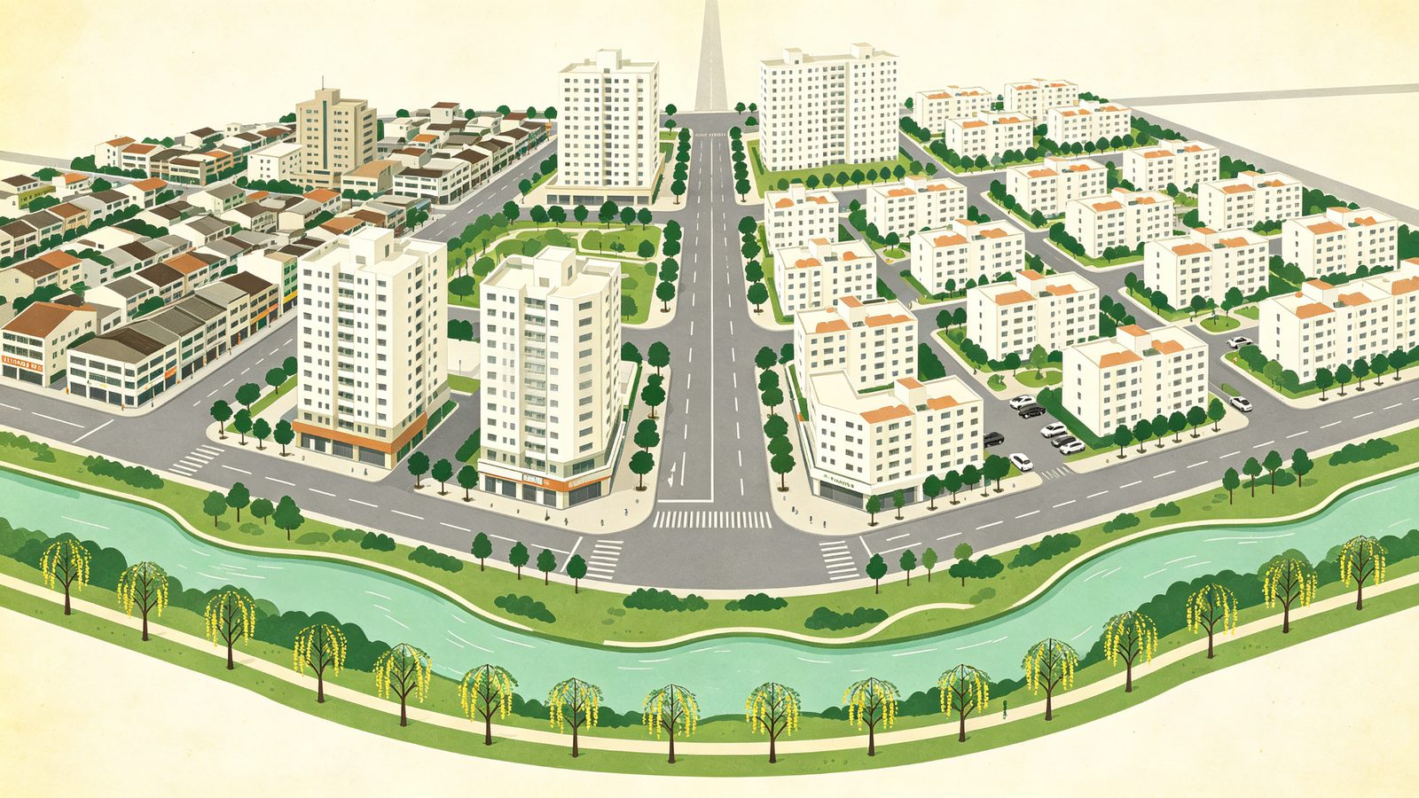 台中豐原豐南生活圈都市計畫示意插畫，中央為筆直寬闊的豐原大道與兩旁中高層住宅大樓，下方旱溪水岸綠廊與阿勃勒樹陣步道，遠景舊市街，呈現舊縣城向外擴張的新住宅圈樣貌