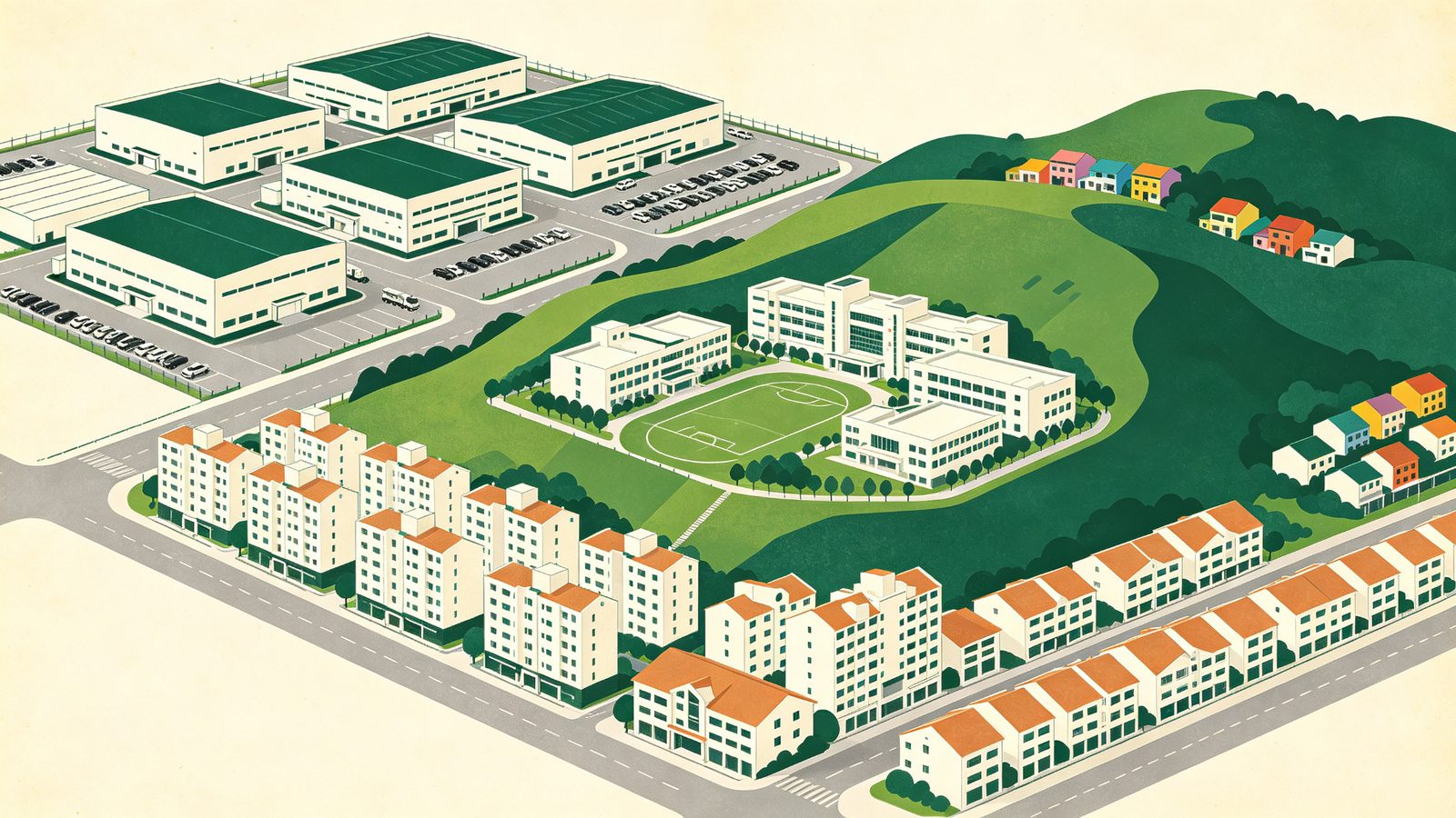 台中南屯嶺東特區示意插畫，山坡台地上有白色科技廠房與研發園區、下方現代化大學校園與體育場、山腳整齊中低層住宅街廓，巷弄間有彩繪眷村矮厝，呈現大學城與精密園區交會的山坡生活圈