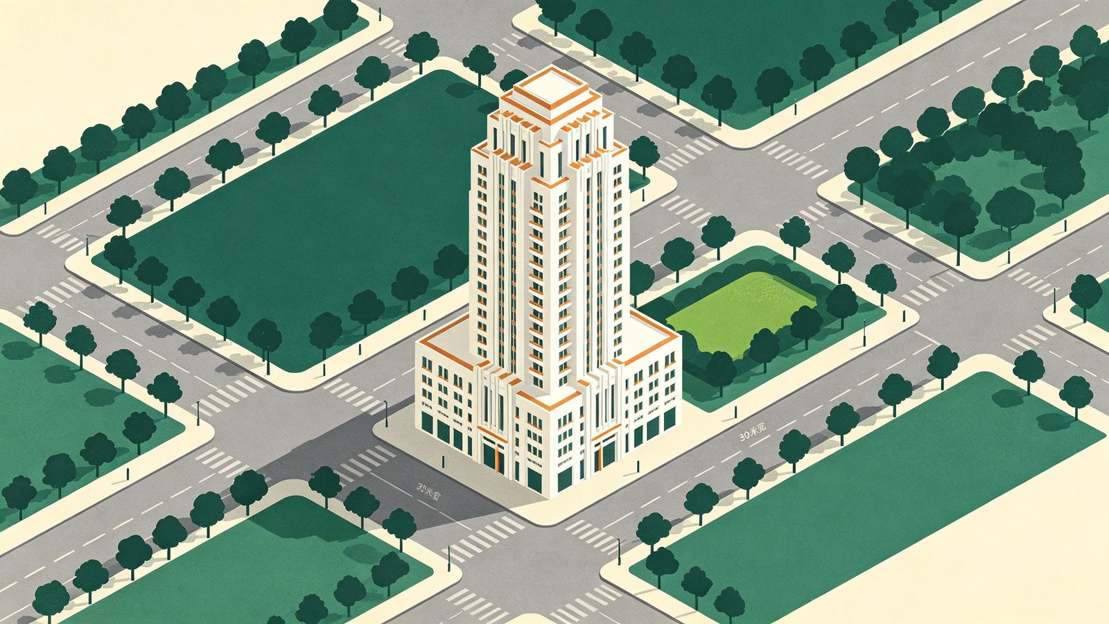 台中十二期昇揚四季文華建案示意插畫，一棟對稱挺拔的 20 層 Art Deco 風白色地標大樓臨 30 米寬闊大道，兩側綠園道行道樹與街角小公園，呈現十二期地標華廈樣貌