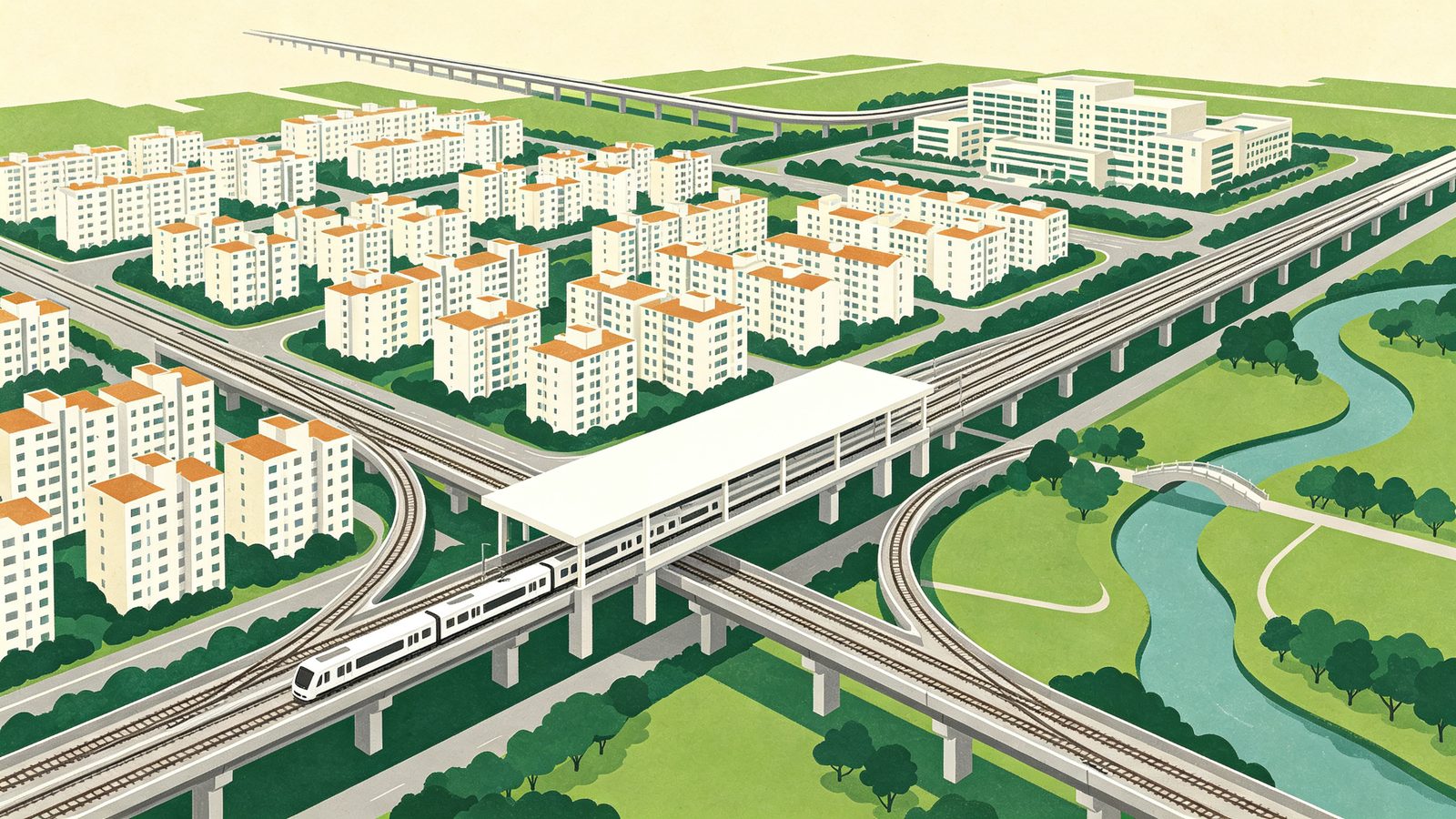 台中十三期大慶重劃區都市計畫示意插畫，中央高架雙鐵共構車站與交會軌道、一列白色列車，周圍方正棋盤街廓與低密住宅，右側蜿蜒溪流景觀帶與小橋，遠景醫院校園，呈現南台中雙鐵樞紐新重劃樣貌