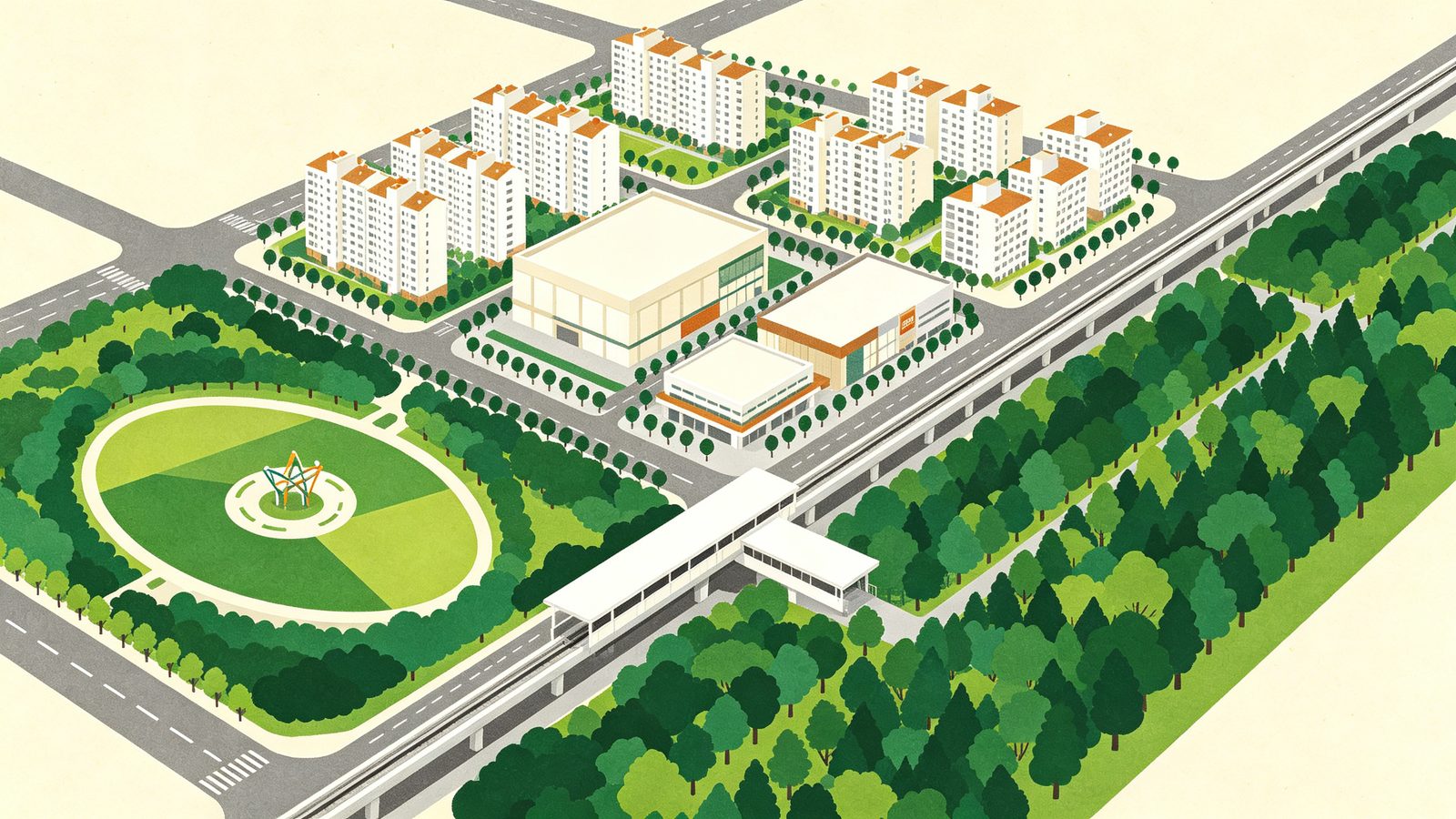 台中八期豐樂重劃區都市計畫示意插畫，左側橢圓生態公園與右側樹林森林公園並列，高架捷運軌道橫切、旁有白色站體，街廓散布中高層住宅與賣場影城，呈現高綠覆成熟公辦區樣貌