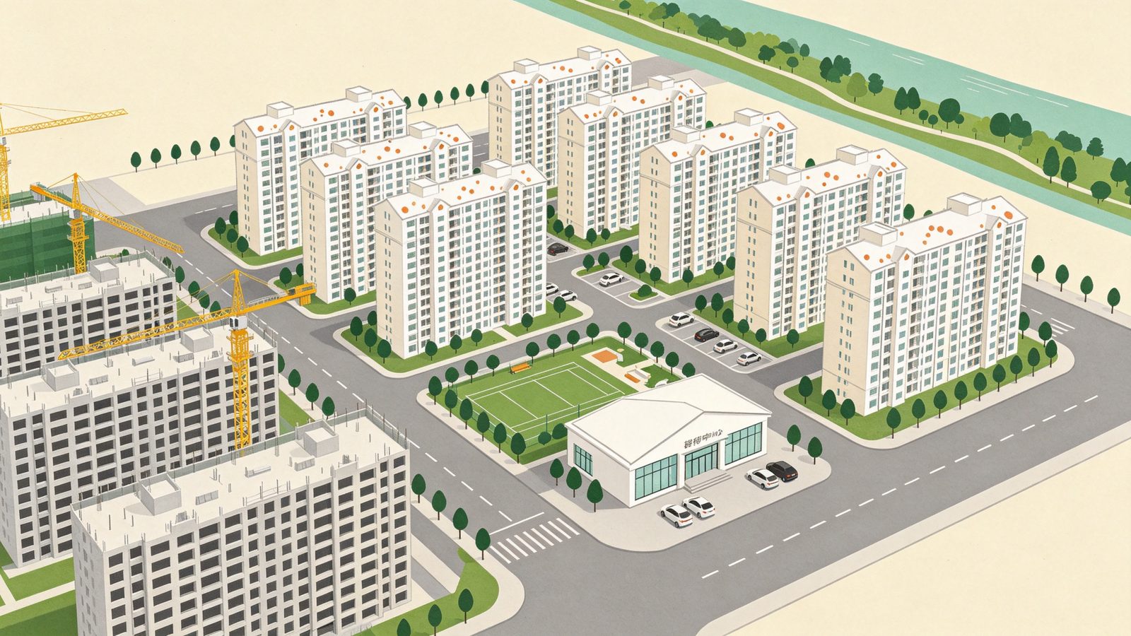 台中新建案重劃區住宅聚落示意鳥瞰插畫，可見多棟白色高層電梯華廈、興建中樓體上的塔式起重機、接待中心樣板屋與社區中庭綠地