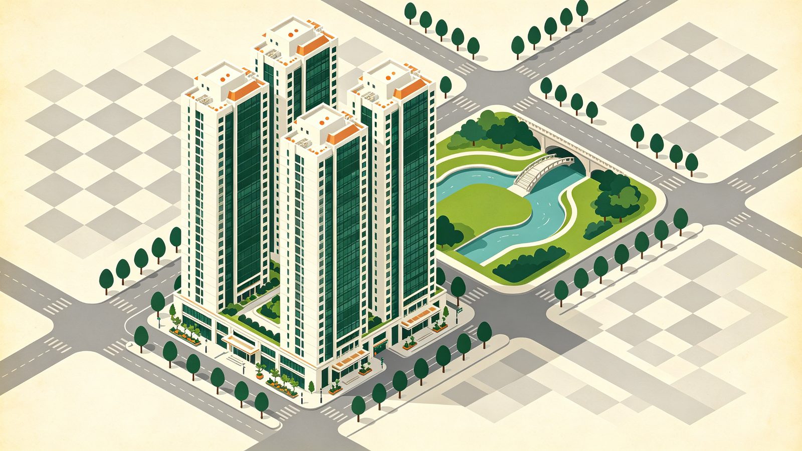 台中七期寶輝秋紅谷建案示意插畫，兩三棟細高墨綠玻璃帷幕豪宅大樓臨不規則橋下景觀公園與彎曲水池，周圍棋盤街道行道樹，呈現公園第一排高檔住宅樣貌