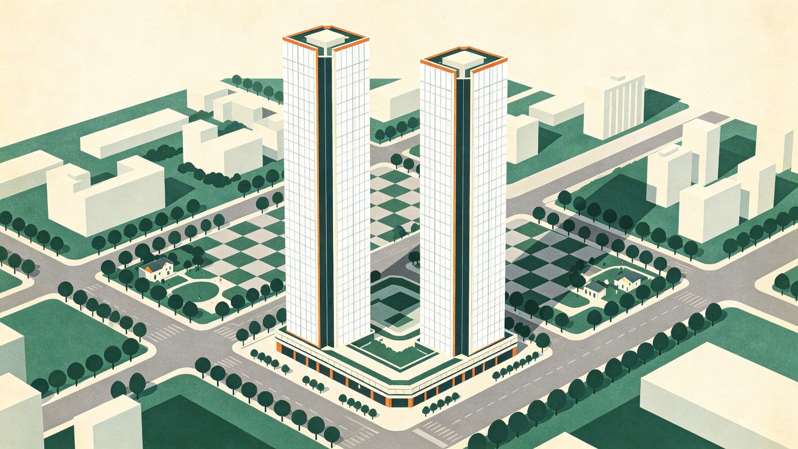 台中七期寶璽天睿建案示意插畫，一對細高挺拔的白色玻璃帷幕豪宅高塔並立，深色垂直帶與暖赭收邊，周圍棋盤街道與小公園行道樹，呈現七期指標地標豪宅樣貌
