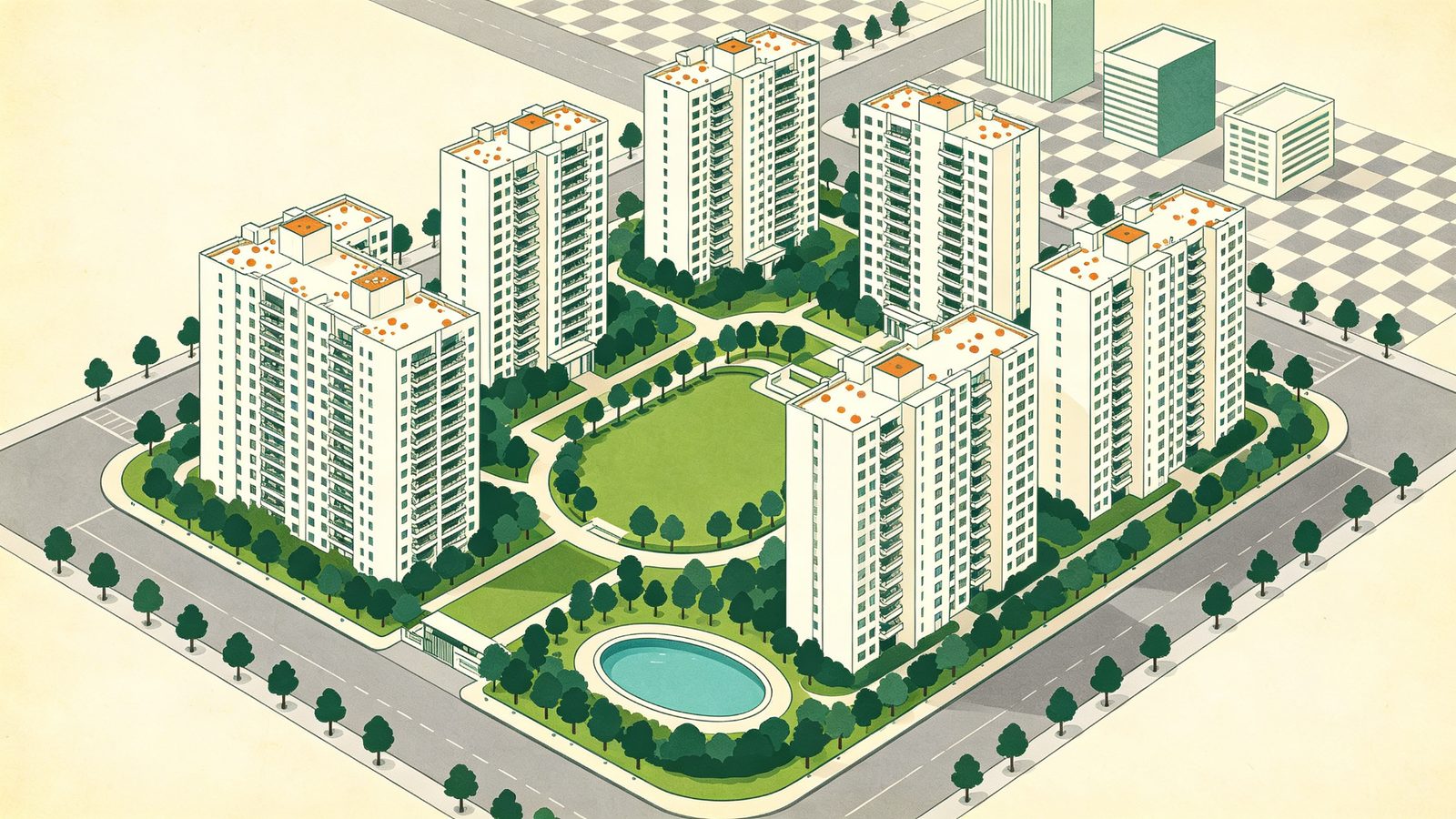 台中南七期博克萊社區示意插畫，五、六棟圍合的中高層白色住宅大樓環抱中央寬闊花園、環狀步道與橢圓泳池，棟距寬敞，呈現大坪數綠意大型社區樣貌