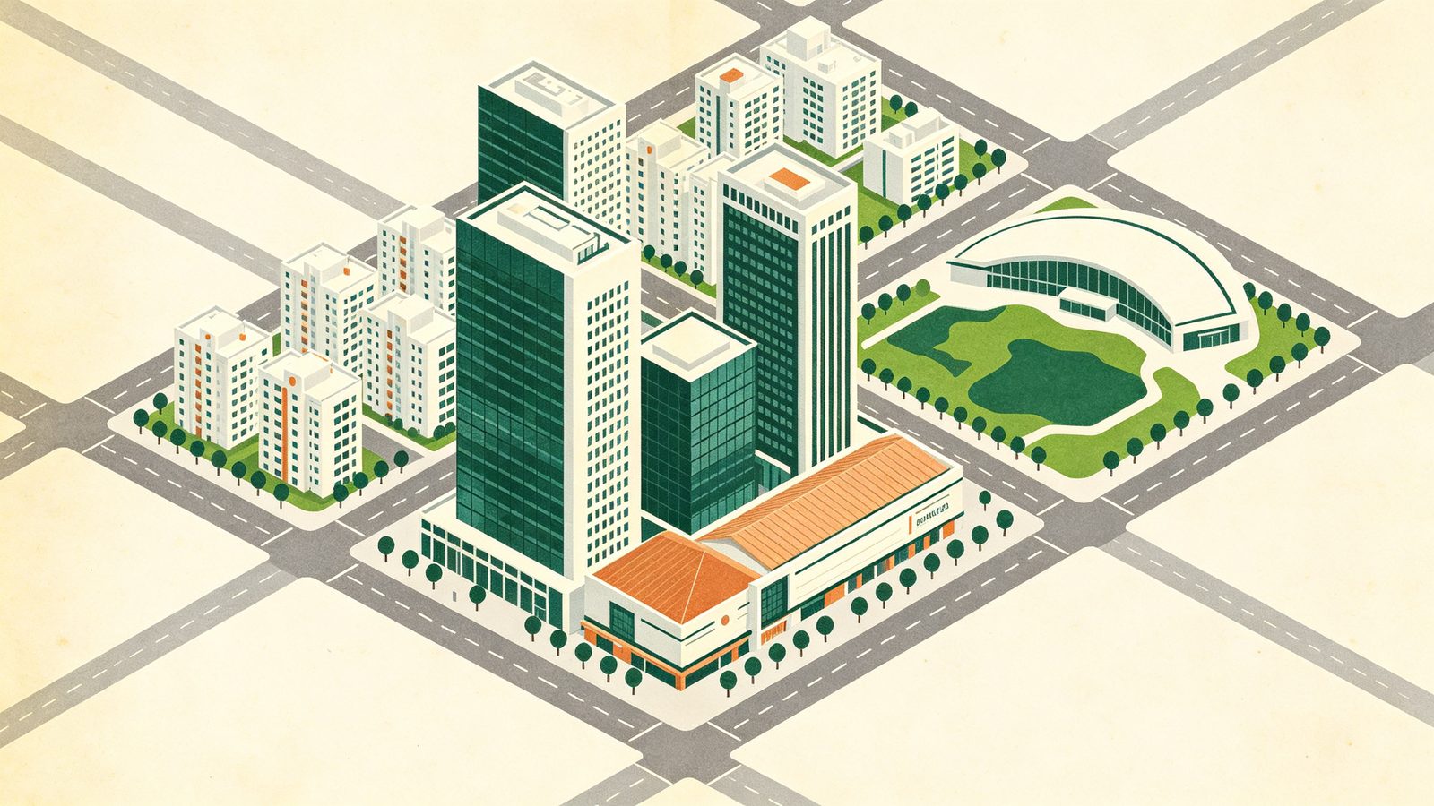 台中新市政中心七期重劃區都市計畫示意插畫，可見商辦摩天大樓群、百貨商場基座、不規則公園綠地與弧形屋頂文化建築，呈現台中商業核心街廓樣貌