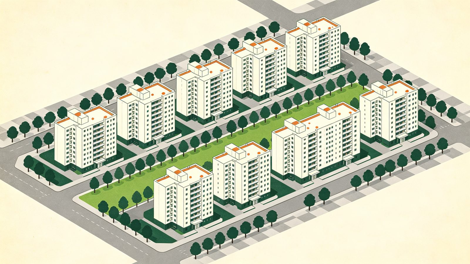 台中水湳達麗創世紀建案示意插畫，一排約 15 層白色住宅大樓沿中央翠綠綠帶步道整齊線性排列，外圍棋盤街廓行道樹，呈現大規模指標住宅社區樣貌