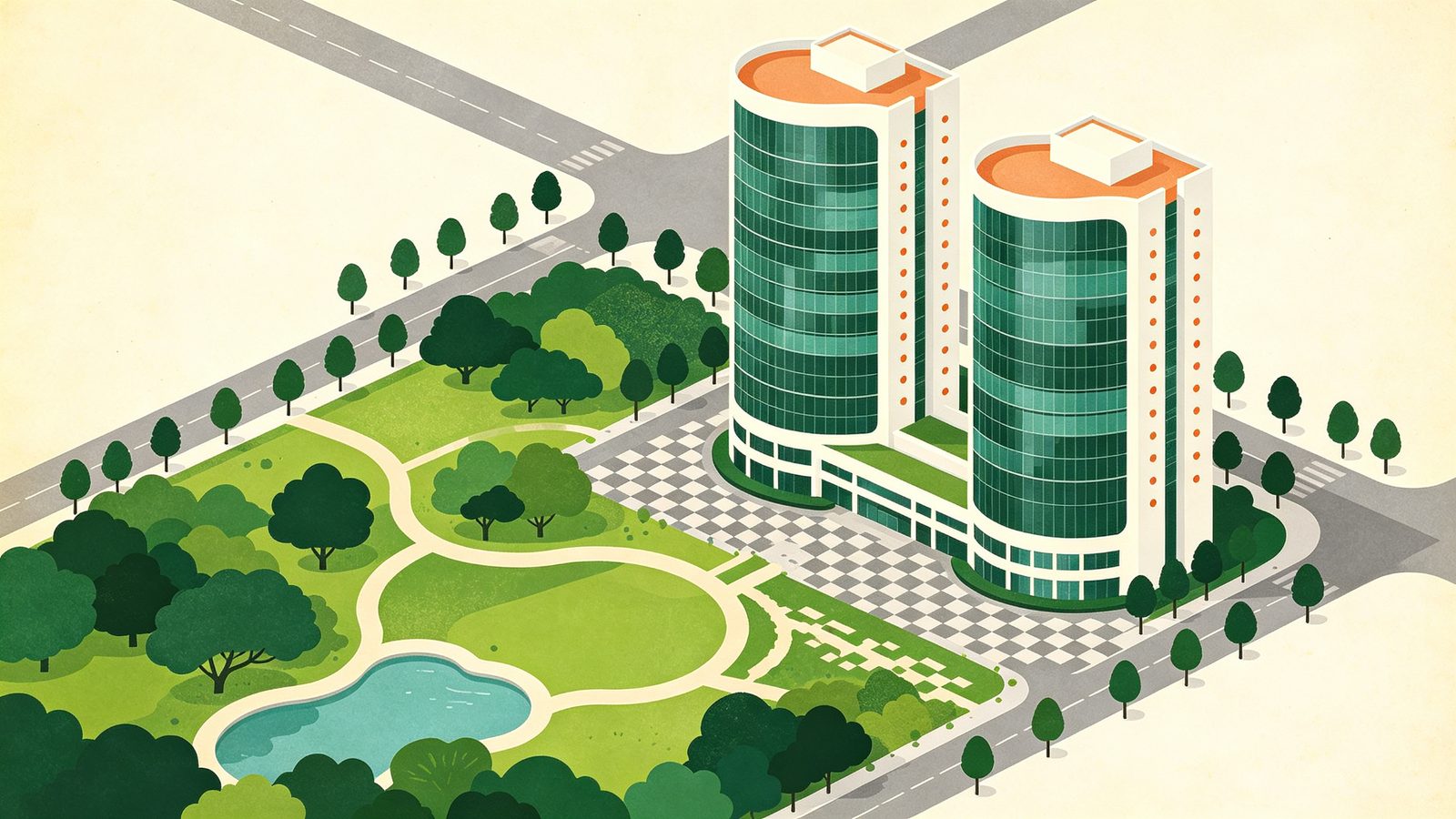台中水湳豐邑PARK ONE建案示意插畫，右側兩棟曲面玻璃帷幕高檔大樓，左下方大片翠綠生態公園草坪與蜿蜒步道小水池，呈現中央公園第一排豪宅樣貌