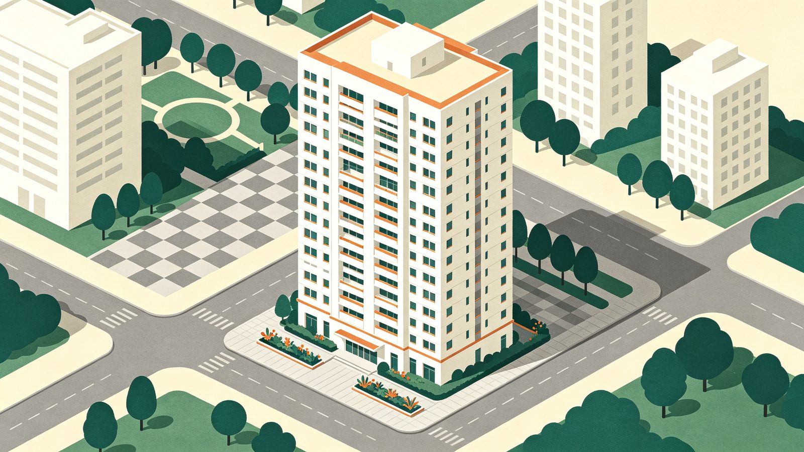 台中水湳潤隆當代首馥建案示意插畫，一棟造型簡潔的 25 層白色現代住宅高樓，退縮基座迎賓車道，四周棋盤街道小公園行道樹，呈現大坪數現代風住宅樣貌