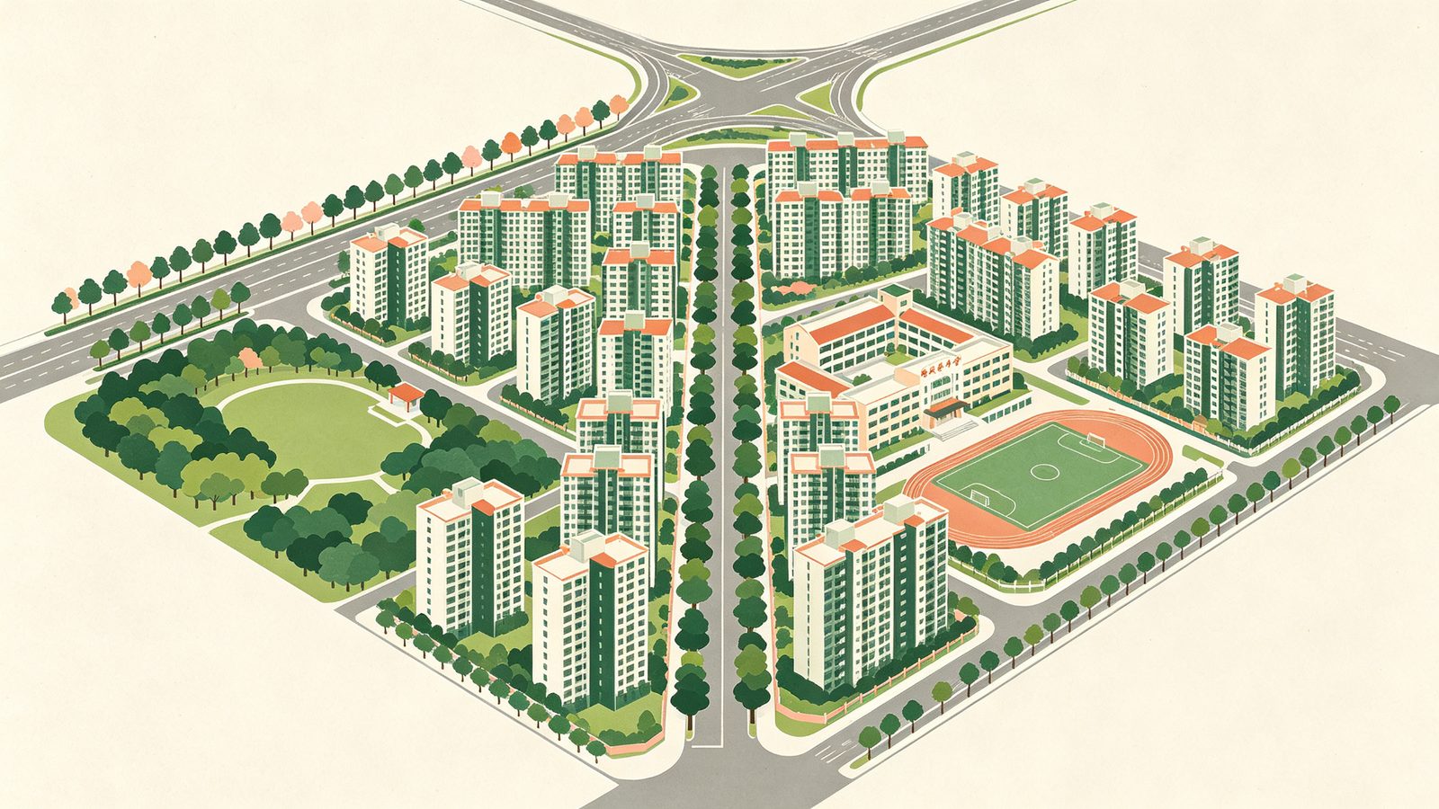 台中市太平新光特區都市計畫示意插畫，筆直的樹林大道兩旁為整齊的電梯住宅大樓、中央國民中小學校園與操場，一旁有公園綠地與快速道路匝道，呈現新光區段徵收的全新住宅街廓