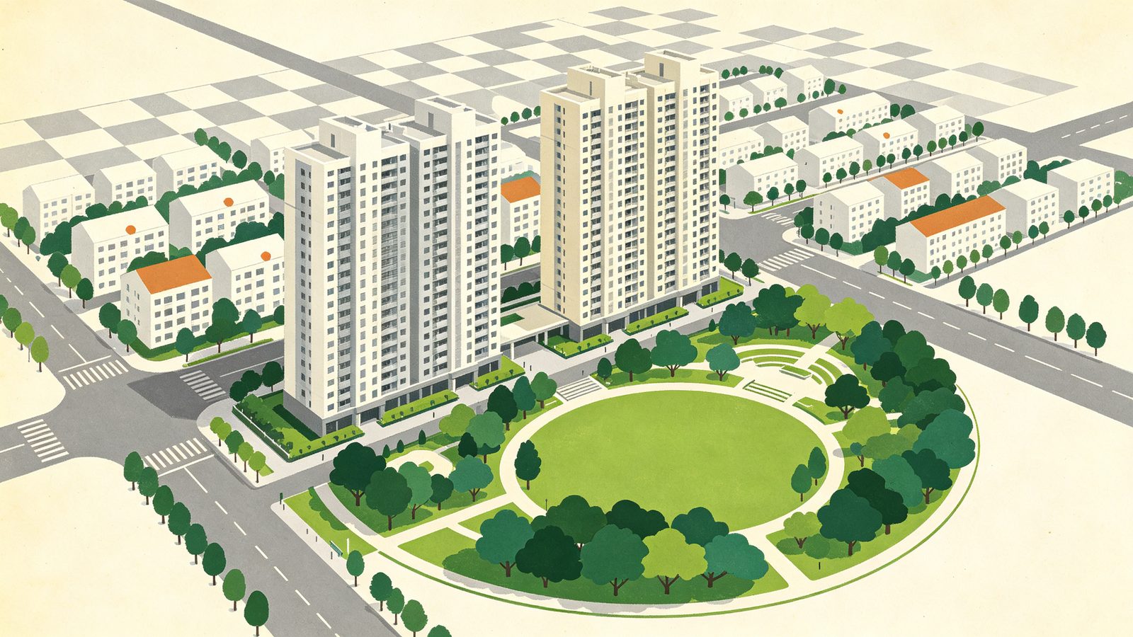 台中十四期重劃區惠宇MY PARK示意插畫，前景一片大而圓潤的翠綠都會公園、環狀步道與喬木，公園旁矗立兩棟米白淺灰高層住宅大樓，棋盤街廓與行道樹環繞