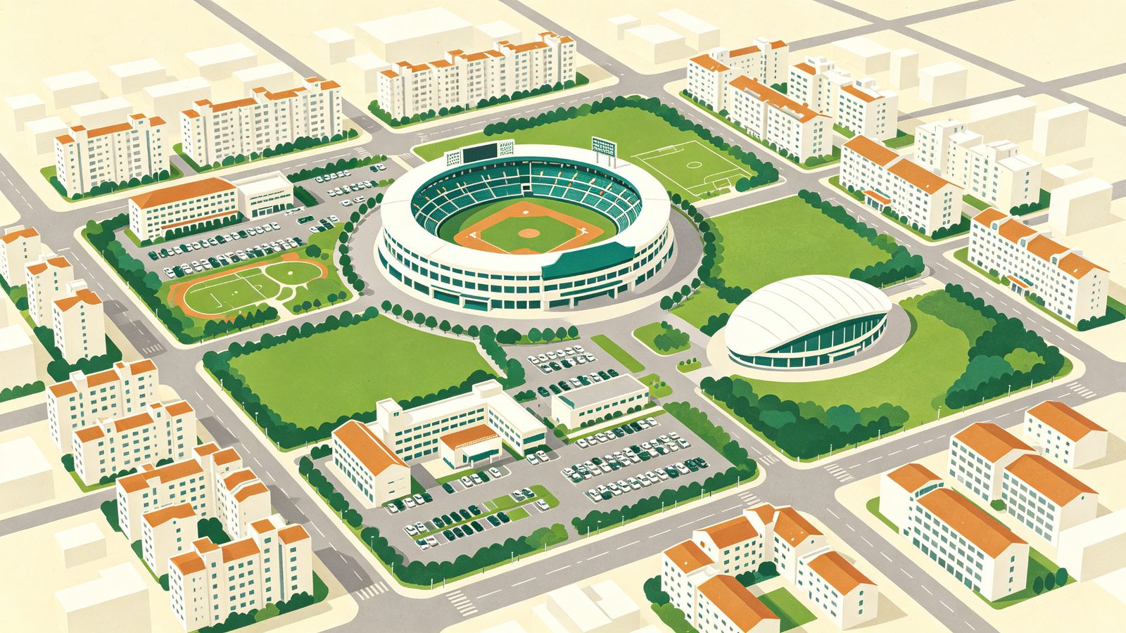 台中北屯十四期重劃區都市計畫示意插畫，中央為圓碗狀棒球場與橢圓形室內巨蛋體育館，外圍大片綠地停車場與中低層住宅大樓，呈現運動設施帶動的公辦重劃樣貌