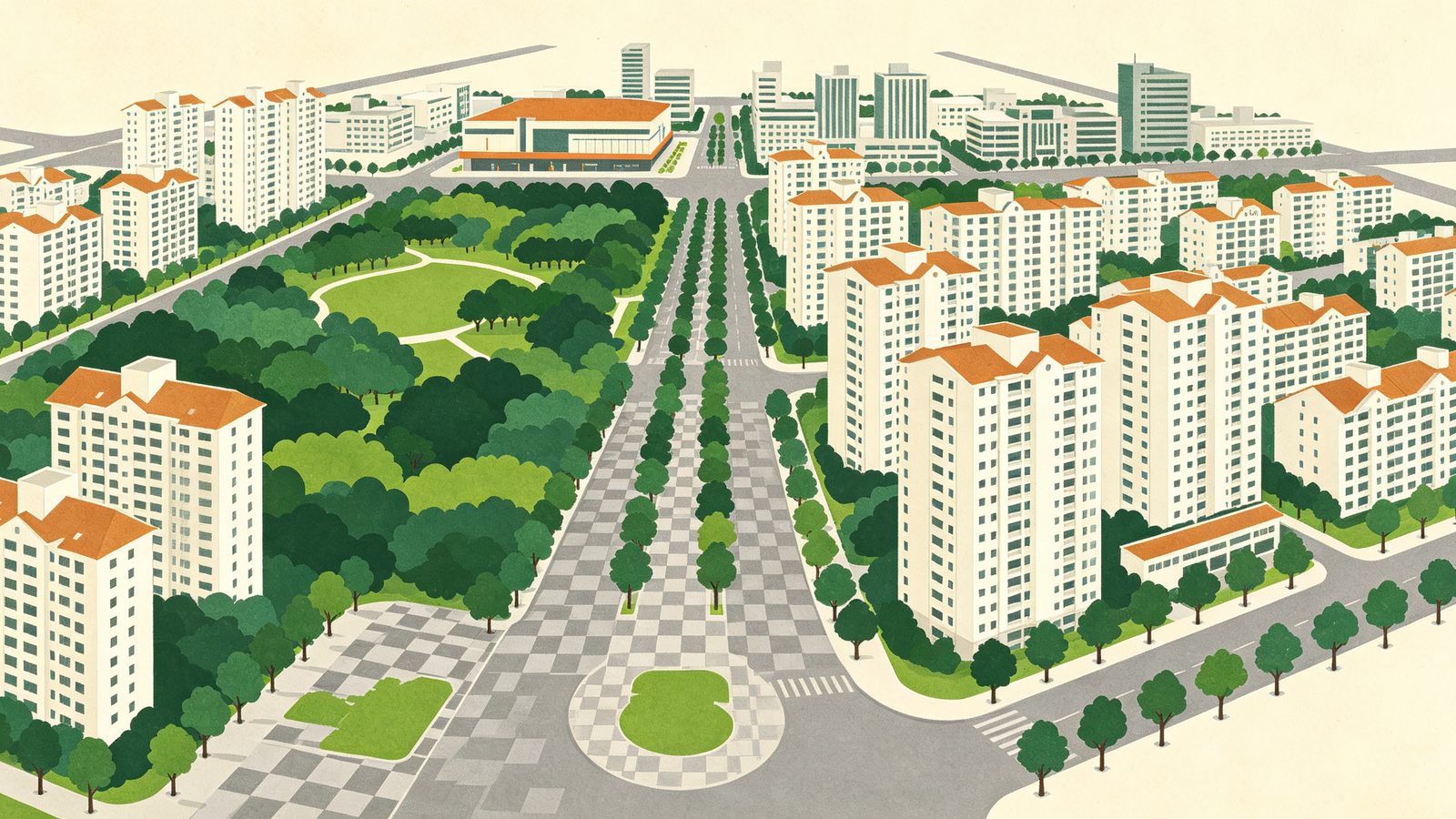 台中南屯單元三重劃區都市計畫示意插畫，可見筆直林蔭大道貫穿、兩旁中高層電梯華廈與白色豪宅大樓、中央大片翠綠公園綠地，遠景有百貨商場基座，呈現緊鄰公益路商圈的成熟高綠覆住宅區樣貌