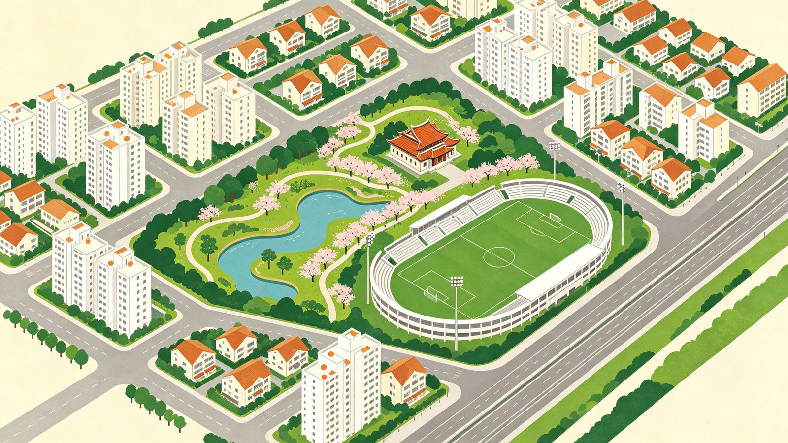 台中南屯單元五高鐵新市鎮示意插畫，可見大片生態公園與滯洪水池、環繞翠綠綠帶，旁邊有標準足球場地與觀眾席，四周是中層純住宅電梯大樓與棋盤街廓，呈現萬坪公園加運動設施的宜居街廓