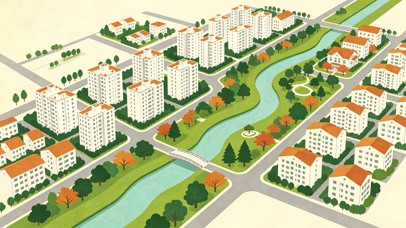 台中單元六楓溪段都市計畫示意插畫，中央蜿蜒淺青溪流景觀帶與楓樹草坪、景觀小橋，兩旁棋盤街廓散布中低層白色電梯大樓與透天別墅，高樓少綠覆高，呈現僻靜低密度純住宅樣貌