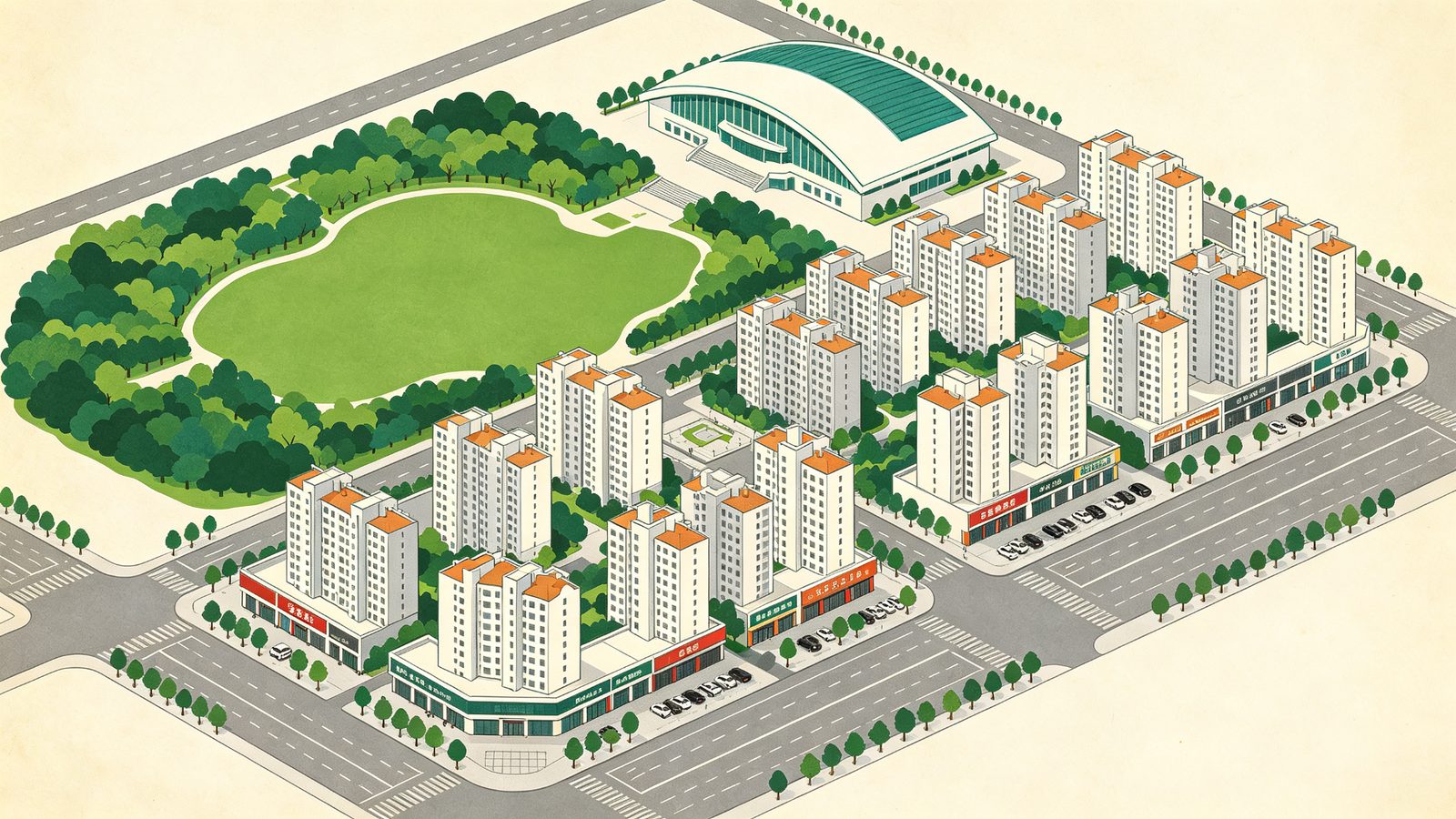 台中單元八重劃區都市計畫示意插畫，後景左側為大面積翠綠中央公園與曲面屋頂展覽建築，前景中景是棋盤街道上十幾到二十幾層的白色住宅大樓與兩旁連鎖商店，呈現水湳東側成熟住宅區樣貌