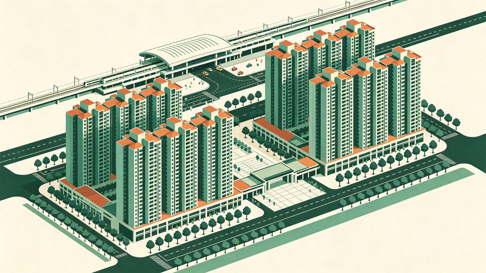 大華縱橫建案示意插畫，烏日高鐵站前兩排高聳現代大樓群並排而立，基座為林蔭大道與站前廣場，遠景為高鐵車站站體，呈現千戶級站前開發案的氣勢