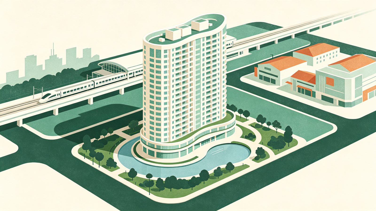 達麗白天鵝建案示意插畫，中央一棟造型輕盈流線的米白色現代高樓，底部有環形水池與步道綠帶，遠景為烏日高鐵車站與百貨量體剪影