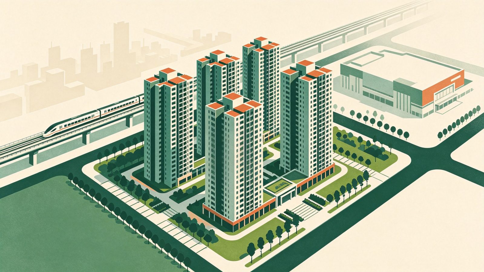 登陽未來之丘建案示意插畫，數棟挺拔現代電梯大樓聳立於烏日高鐵特區，一旁有社區綠地步道，遠景可見高架高鐵軌道列車與大型百貨量體